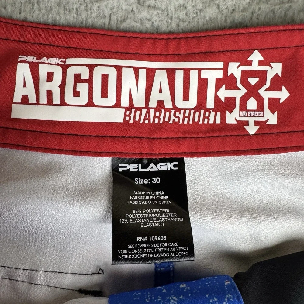 Pelagic Argonaut Men's Board Short Size 30 Red Blue Sonar Stripe Shorts Swim